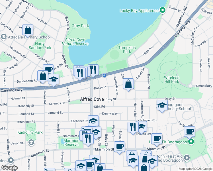 map of restaurants, bars, coffee shops, grocery stores, and more near 11 Doney Street in Alfred Cove
