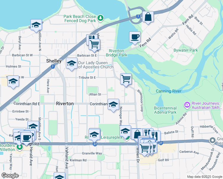 map of restaurants, bars, coffee shops, grocery stores, and more near 14 Veronica Street in Riverton