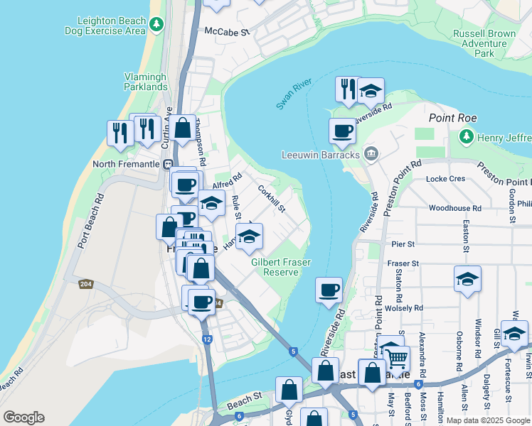 map of restaurants, bars, coffee shops, grocery stores, and more near 43 Harvest Road in North Fremantle