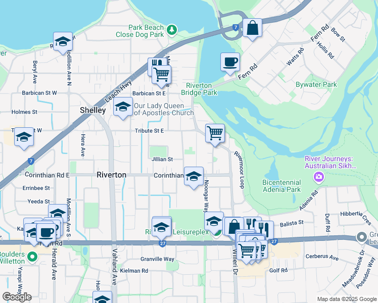 map of restaurants, bars, coffee shops, grocery stores, and more near 14 Veronica Street in Riverton
