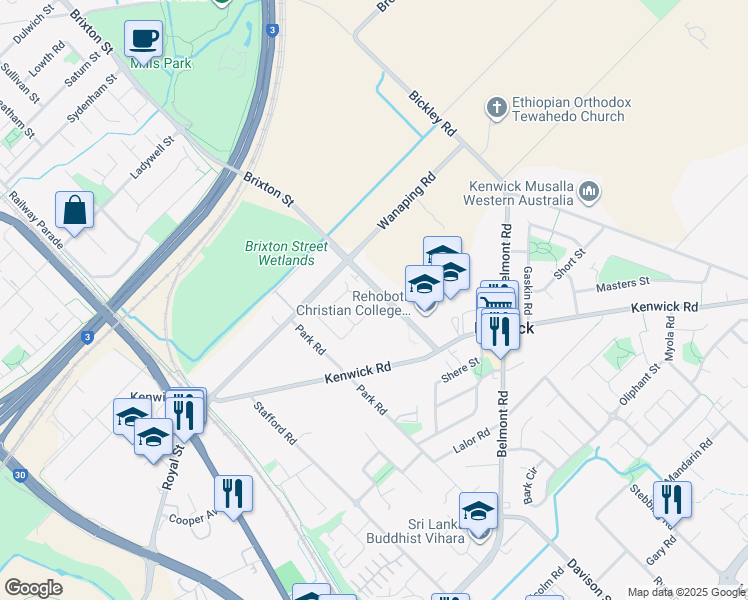 map of restaurants, bars, coffee shops, grocery stores, and more near 227 Brixton Street in Kenwick