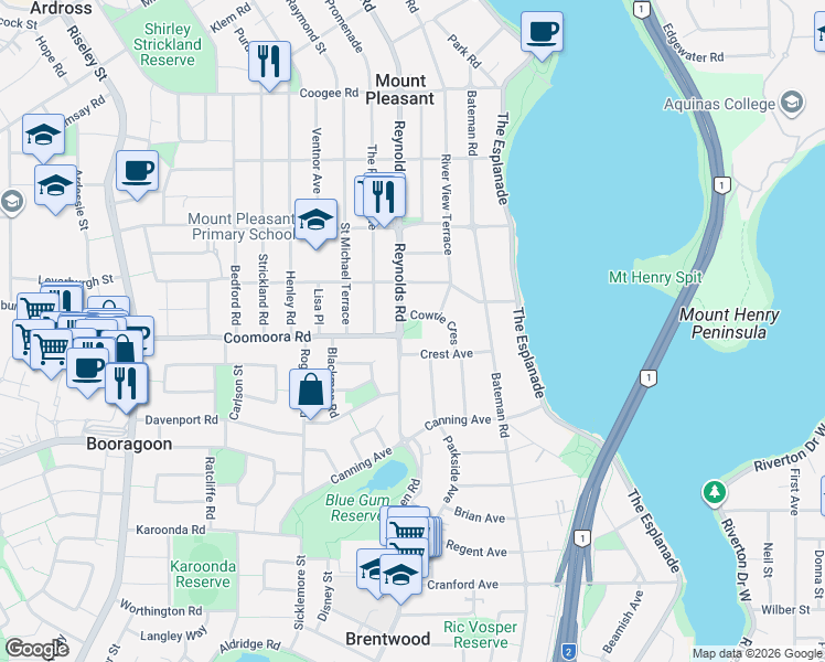 map of restaurants, bars, coffee shops, grocery stores, and more near 1 Cowrie Crescent in Mount Pleasant