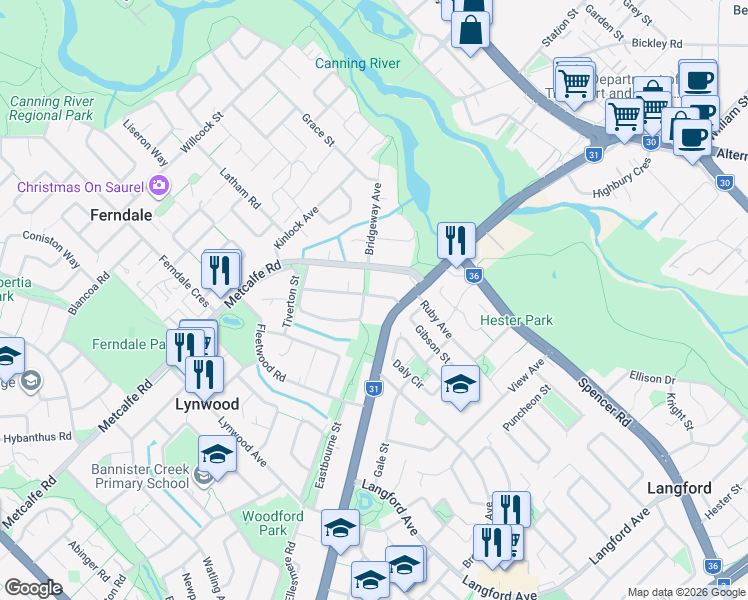 map of restaurants, bars, coffee shops, grocery stores, and more near 23 Montrose Street in Lynwood