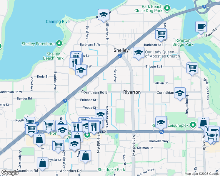 map of restaurants, bars, coffee shops, grocery stores, and more near 80 Modillion Avenue South in Riverton