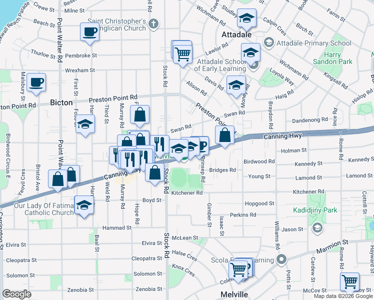 map of restaurants, bars, coffee shops, grocery stores, and more near 424 Canning Highway in Attadale