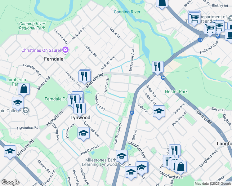 map of restaurants, bars, coffee shops, grocery stores, and more near 21 Clovelly Crescent in Lynwood