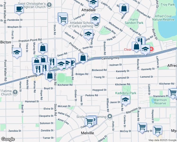 map of restaurants, bars, coffee shops, grocery stores, and more near 22 Bridges Road in Melville