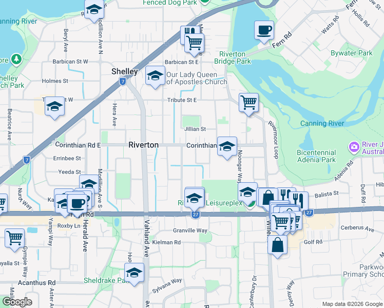 map of restaurants, bars, coffee shops, grocery stores, and more near 30 Amstey Street in Riverton