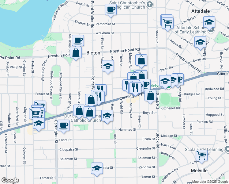 map of restaurants, bars, coffee shops, grocery stores, and more near 32 Harris Street in Bicton
