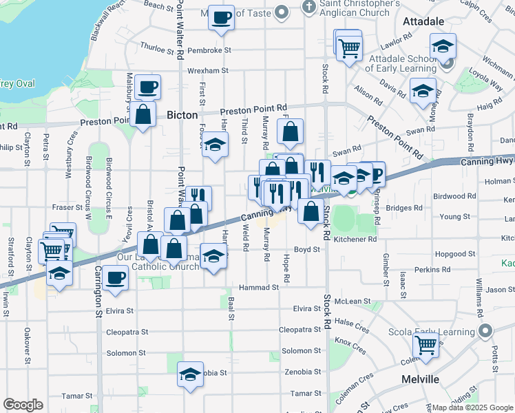 map of restaurants, bars, coffee shops, grocery stores, and more near 370 Canning Highway in Bicton