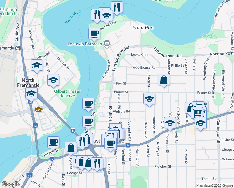 map of restaurants, bars, coffee shops, grocery stores, and more near 4 Fraser Street in East Fremantle
