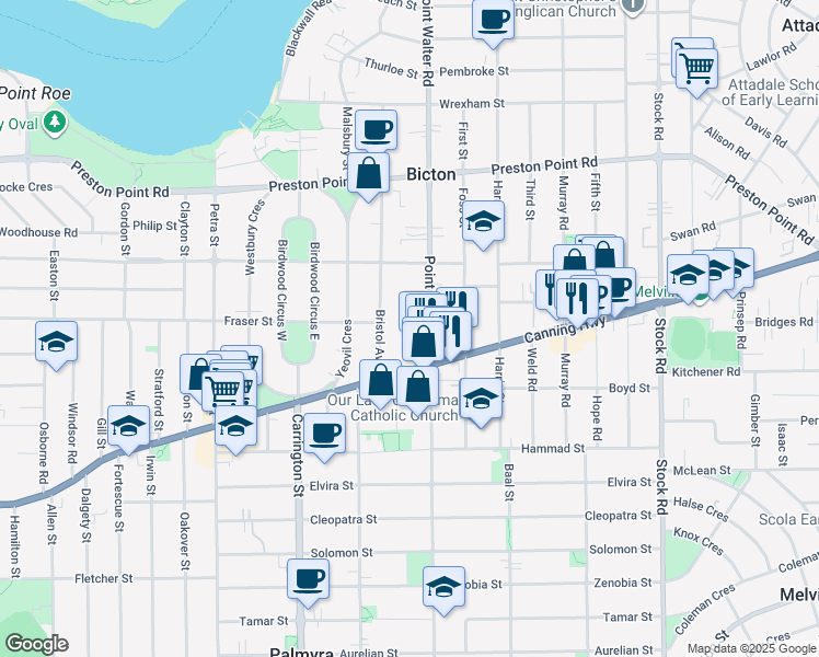 map of restaurants, bars, coffee shops, grocery stores, and more near 9 Point Walter Road in Bicton