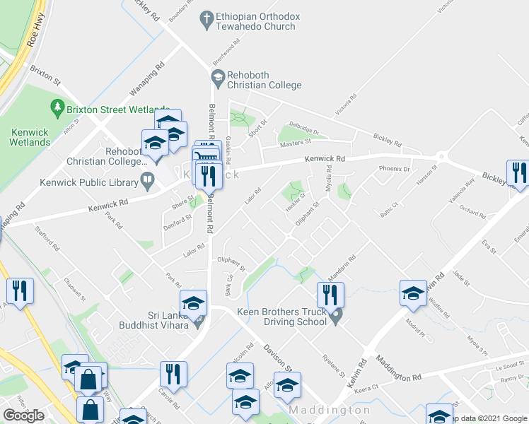 map of restaurants, bars, coffee shops, grocery stores, and more near 8 Gidgee Cove in Kenwick
