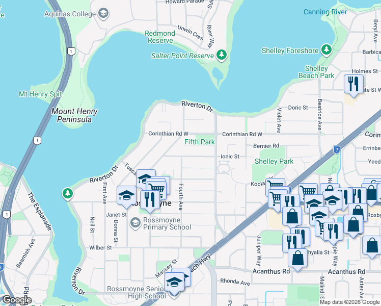 map of restaurants, bars, coffee shops, grocery stores, and more near 18 Ionic Street in Rossmoyne