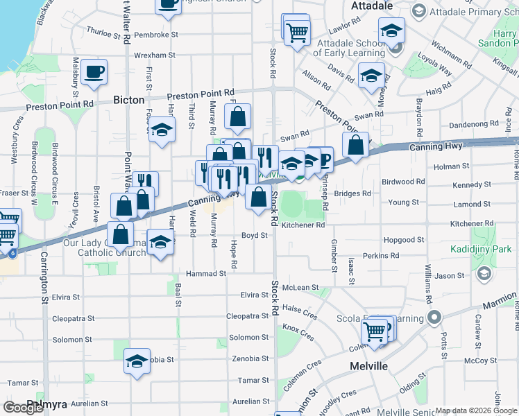map of restaurants, bars, coffee shops, grocery stores, and more near 34 Waddell Road in Palmyra
