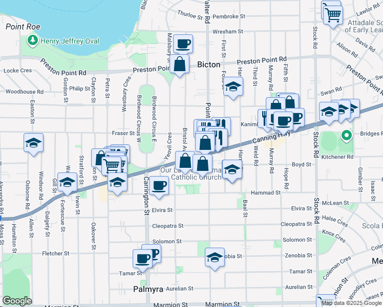 map of restaurants, bars, coffee shops, grocery stores, and more near 316 Canning Highway in Bicton
