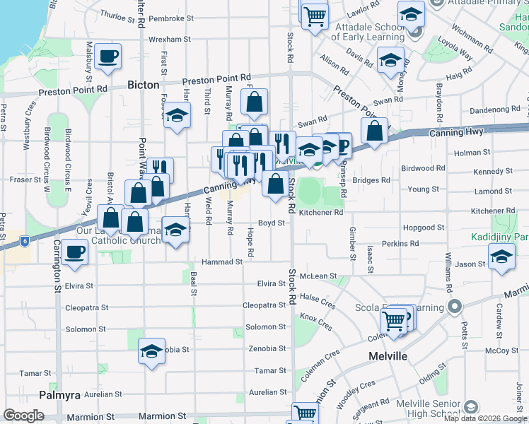 map of restaurants, bars, coffee shops, grocery stores, and more near 25 Waddell Road in Palmyra