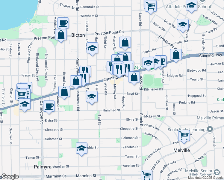 map of restaurants, bars, coffee shops, grocery stores, and more near 25 Murray Road in Palmyra