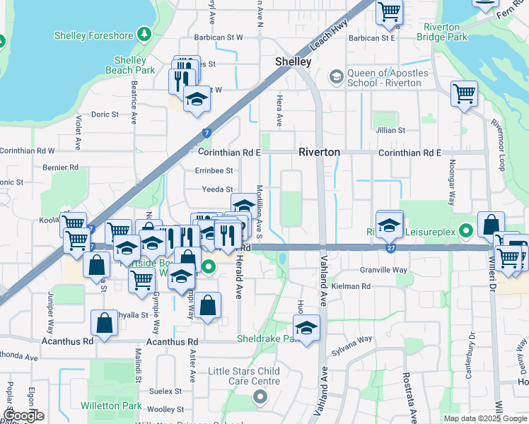 map of restaurants, bars, coffee shops, grocery stores, and more near 116 Modillion Avenue South in Riverton
