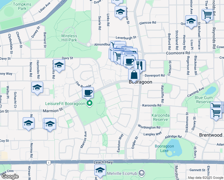 map of restaurants, bars, coffee shops, grocery stores, and more near 11 Sprigg Place in Booragoon