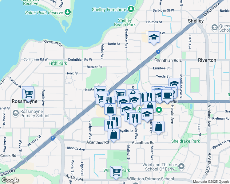 map of restaurants, bars, coffee shops, grocery stores, and more near Chesson Place in Riverton