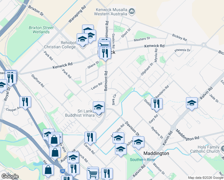 map of restaurants, bars, coffee shops, grocery stores, and more near 74 Oliphant Street in Kenwick