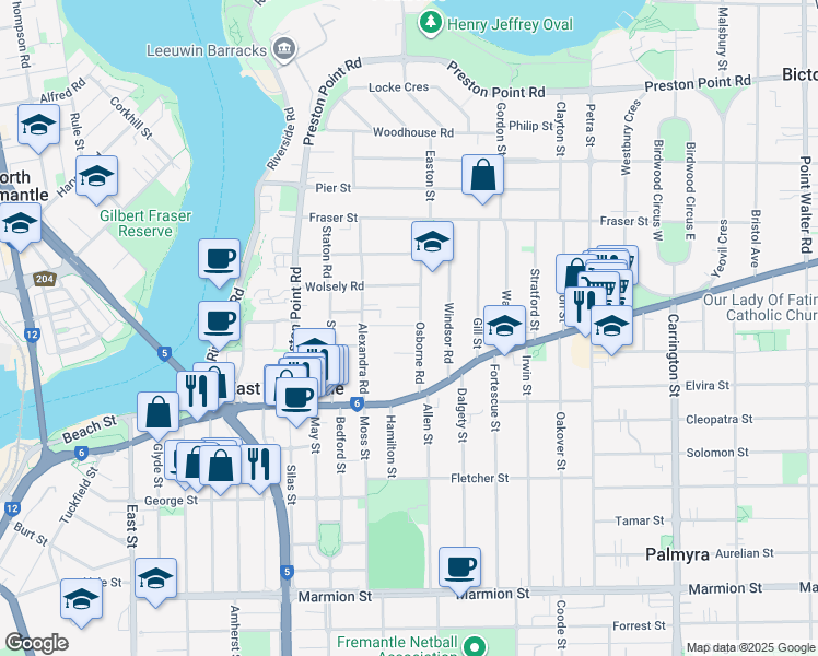 map of restaurants, bars, coffee shops, grocery stores, and more near 37 Osborne Road in East Fremantle
