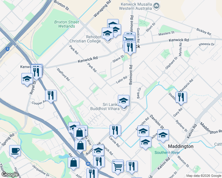 map of restaurants, bars, coffee shops, grocery stores, and more near 89 Park Road in Kenwick