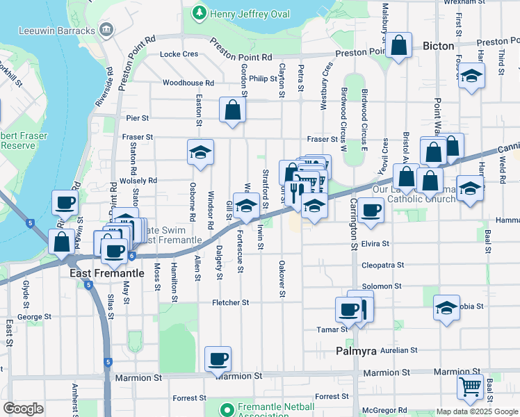 map of restaurants, bars, coffee shops, grocery stores, and more near 1 Stratford Street in East Fremantle