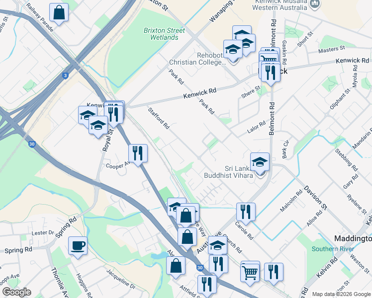 map of restaurants, bars, coffee shops, grocery stores, and more near 55 Stafford Road in Kenwick