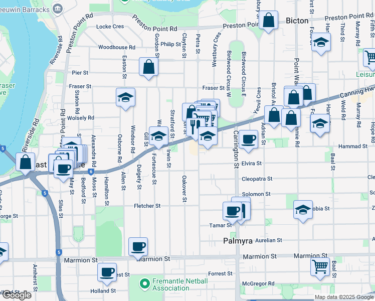 map of restaurants, bars, coffee shops, grocery stores, and more near 6 Oakover Street in East Fremantle