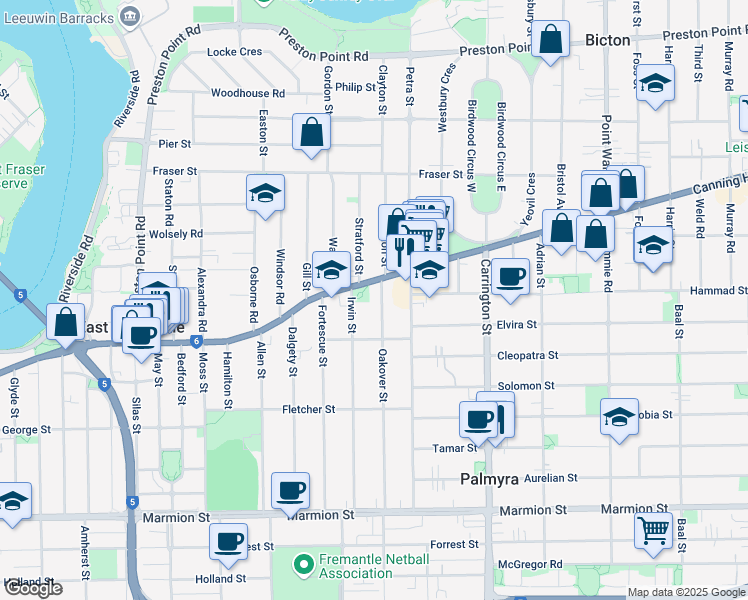 map of restaurants, bars, coffee shops, grocery stores, and more near 5 Oakover Street in East Fremantle