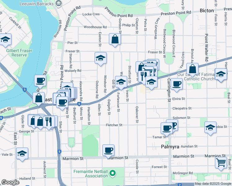 map of restaurants, bars, coffee shops, grocery stores, and more near 5 Fortescue Street in East Fremantle