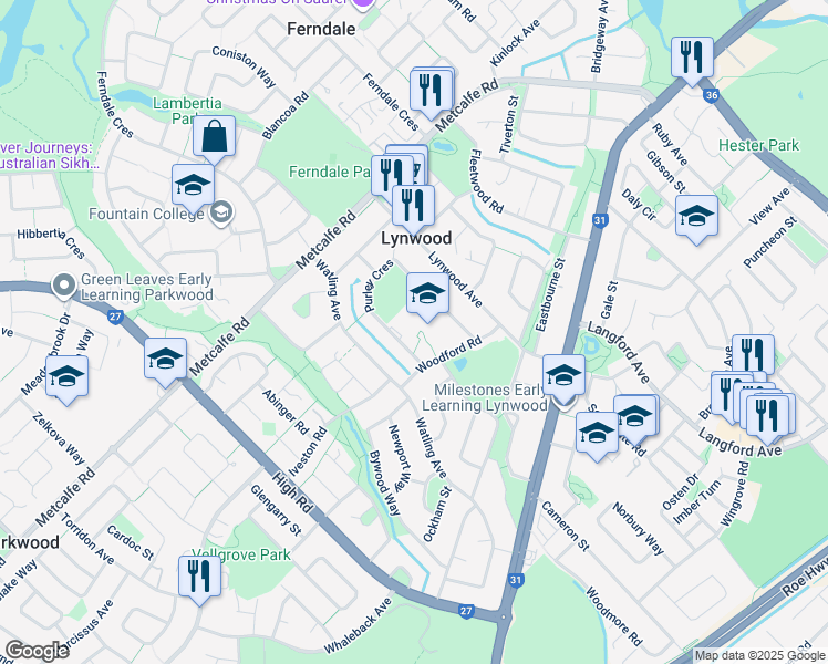 map of restaurants, bars, coffee shops, grocery stores, and more near 92 Purley Crescent in Lynwood