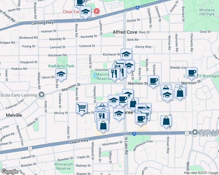 map of restaurants, bars, coffee shops, grocery stores, and more near 3 Aiken Street in Myaree