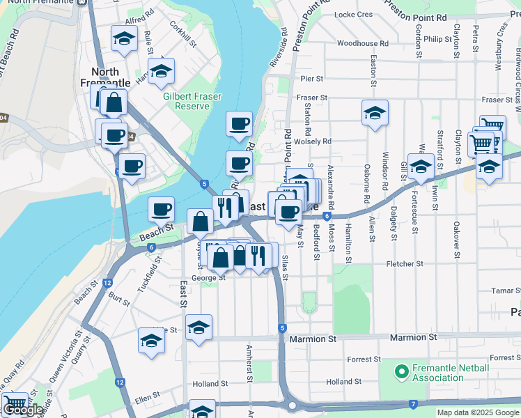 map of restaurants, bars, coffee shops, grocery stores, and more near 2 Angwin Street in East Fremantle