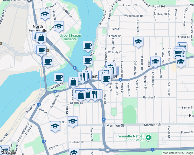 map of restaurants, bars, coffee shops, grocery stores, and more near 138 Canning Highway in East Fremantle