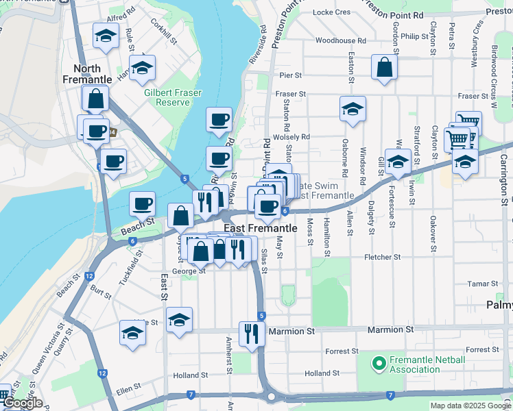 map of restaurants, bars, coffee shops, grocery stores, and more near 1 Preston Point Road in East Fremantle