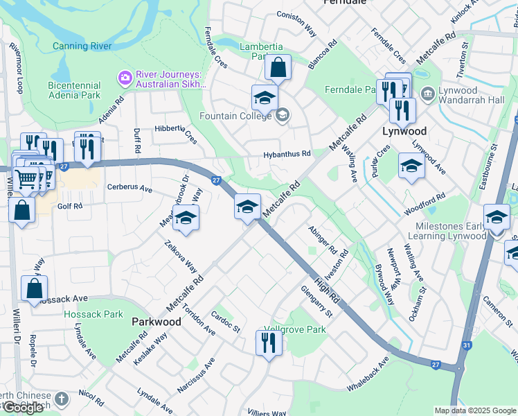 map of restaurants, bars, coffee shops, grocery stores, and more near 440 Metcalfe Road in Ferndale