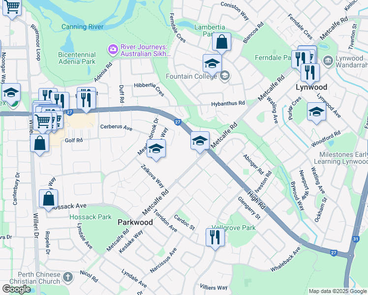 map of restaurants, bars, coffee shops, grocery stores, and more near 436 Metcalfe Road in Parkwood