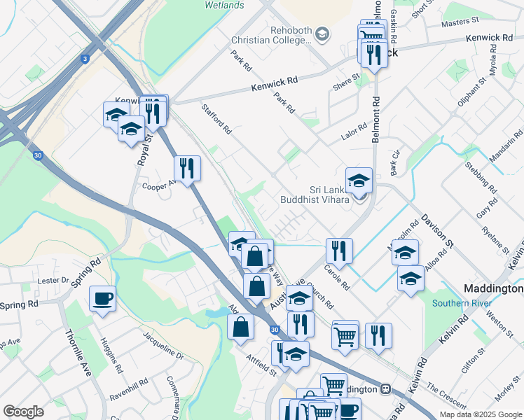 map of restaurants, bars, coffee shops, grocery stores, and more near 6 Bridal Crescent in Kenwick