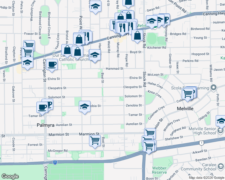 map of restaurants, bars, coffee shops, grocery stores, and more near 84 Cleopatra Street in Palmyra