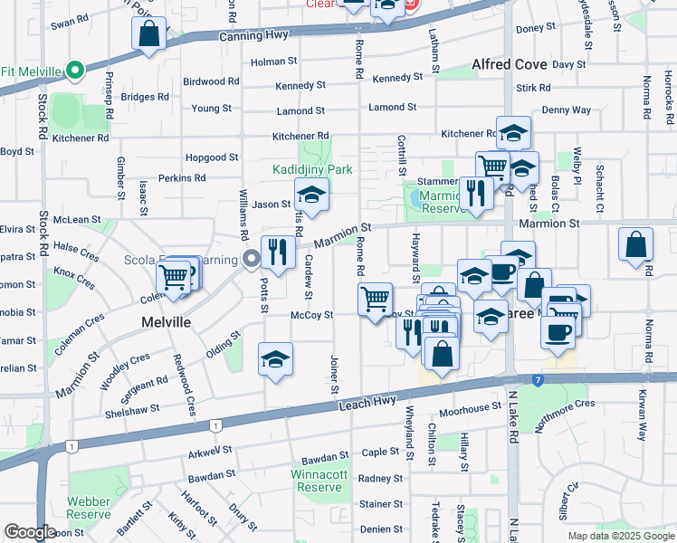 map of restaurants, bars, coffee shops, grocery stores, and more near 10 Joiner Street in Melville