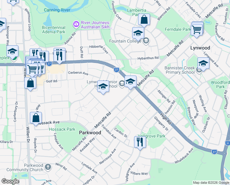 map of restaurants, bars, coffee shops, grocery stores, and more near 436 Metcalfe Road in Parkwood