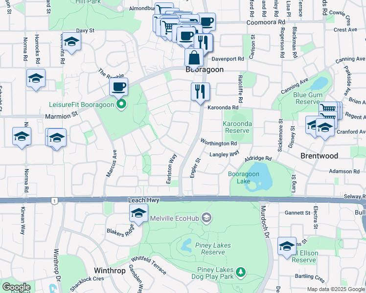map of restaurants, bars, coffee shops, grocery stores, and more near 29 Chetwynd Way in Booragoon