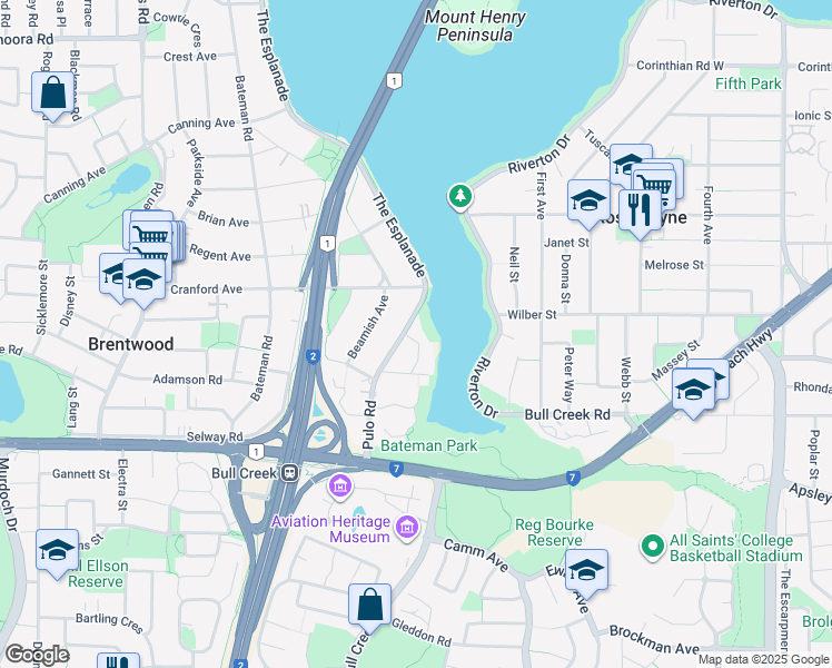 map of restaurants, bars, coffee shops, grocery stores, and more near 1 Orana Crescent in Brentwood