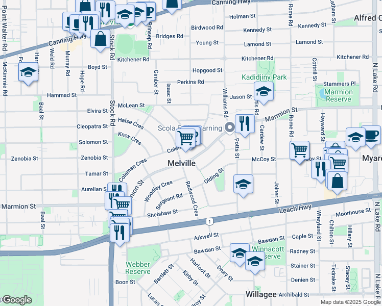 map of restaurants, bars, coffee shops, grocery stores, and more near 350 Marmion Street in Melville