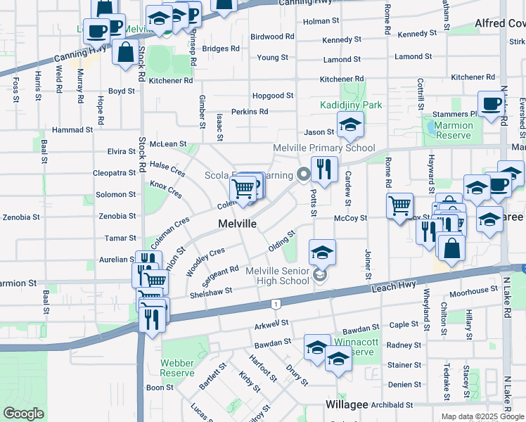 map of restaurants, bars, coffee shops, grocery stores, and more near Marmion Street in Melville