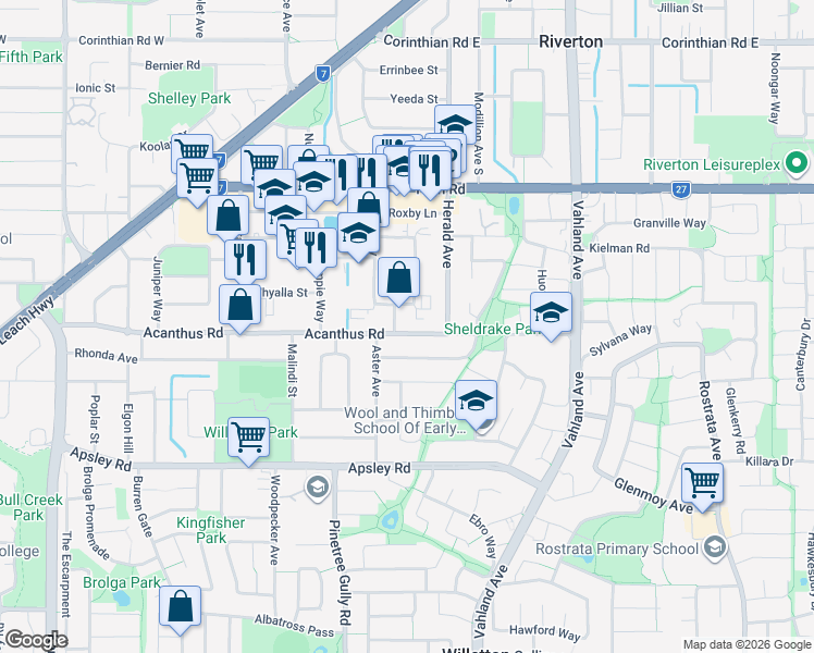 map of restaurants, bars, coffee shops, grocery stores, and more near 112 Acanthus Road in Willetton