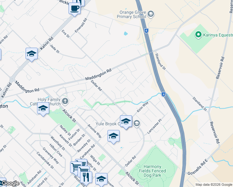 map of restaurants, bars, coffee shops, grocery stores, and more near 5 Akma Court in Maddington